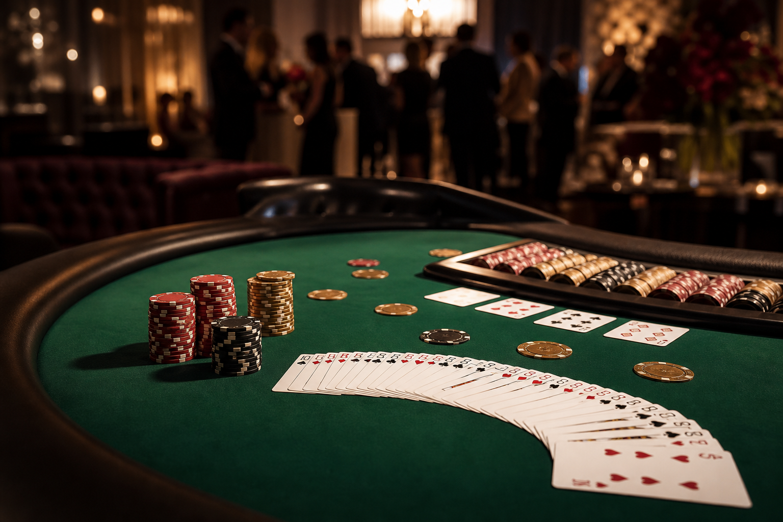 Stół do pokera i blackjacka z kartami oraz żetonami